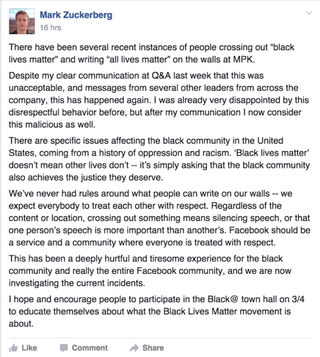 Illustration for article titled Facebook CEO Mark Zuckerberg Asks Employees to Stop Crossing Out ‘Black Lives Matters’ on Office Walls